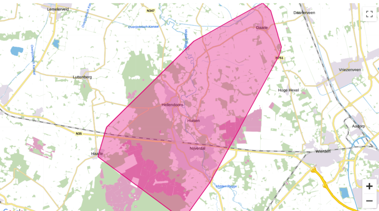 Kaart van het getroffen gebied Nijverdal, Hellendoorn, Den Ham